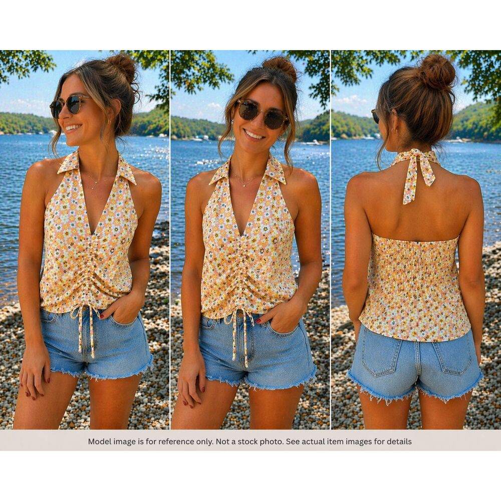Milk &‎ Honey Retro Floral Halter Ruched Crop Top M